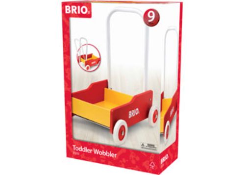 Bright red and yellow BRIO Toddler Wobbler with adjustable handle, designed for safe walking and gross motor skill development.