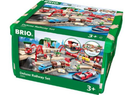 A vibrant 87-piece BRIO Deluxe Railway Set featuring trains, stations, cranes, and bridges for creative, imaginative play.