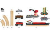 A wooden 16-piece cargo harbour set featuring a container ship, battery-operated train, and multi-function crane for imaginative play.