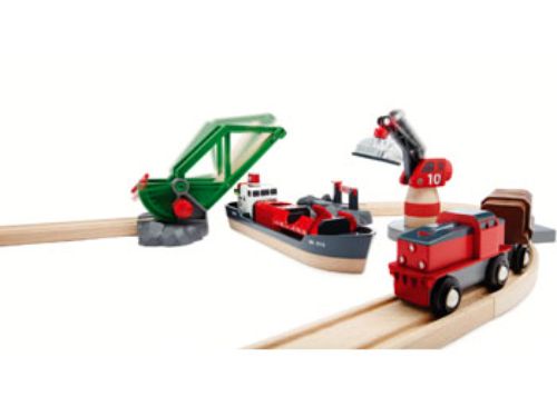 A colorful 16-piece wooden playset featuring a cargo ship, train, and crane for imaginative transport adventures.