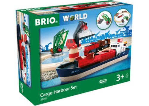 Wooden BRIO Cargo Harbour Set featuring a container ship, battery-operated train, and multi-function crane for imaginative play.