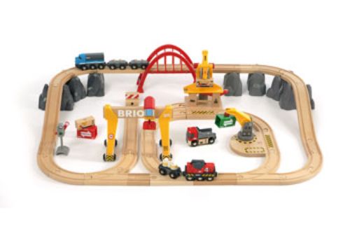 BRIO Cargo Railway Deluxe Set with 54 pieces, including a battery-powered train, loading crane, and realistic features for imaginative play.