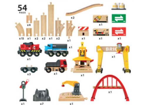 Colorful BRIO Cargo Railway Deluxe Set with 54 pieces, including a battery-powered train and loading crane for interactive play.