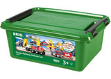 Colorful BRIO Cargo Railway Deluxe Set with 54 pieces, including a battery-powered train, loading crane, and interactive track.