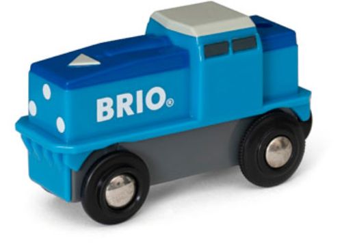 Bright blue BRIO Cargo Battery Engine toy train designed for kids, featuring simple tap controls and magnet coupling for imaginative play.