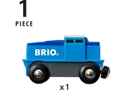 Battery-powered blue BRIO train engine with simple tap controls, designed for creative play and fine motor skill development.