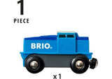 Battery-powered blue BRIO train engine with simple tap controls, designed for creative play and fine motor skill development.