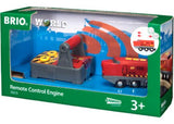 Remote control BRIO train engine set with intuitive controls, lights, sounds, and two forward speeds for imaginative play.