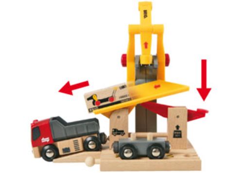 BRIO Station - Freight Goods Station set featuring a truck, wagon, magnetic load, chute, and ramp for imaginative play.