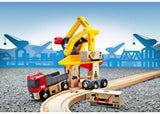 Colorful BRIO Freight Goods Station set with truck, wagon, magnetic load, chute, and track for imaginative railway play.