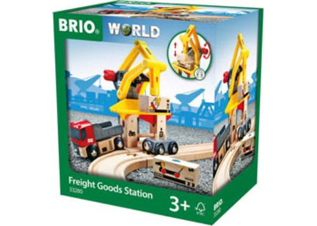 BRIO Freight Goods Station set with truck, wagon, and magnetic load for imaginative railway play and fine motor skill development.