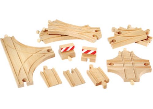 BRIO Tracks Advanced Expansion Pack featuring durable wooden tracks, switches, and connectors for imaginative railway play.