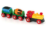 BRIO BO Battery Operated Action Train with moving coal wagon, rotating cement mixer, and illuminated headlights.