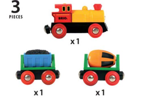 Battery-operated BRIO BO train set with moving coal wagon, rotating cement mixer, and illuminated headlights for imaginative play.