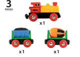 Battery-operated BRIO BO train set with moving coal wagon, rotating cement mixer, and illuminated headlights for imaginative play.