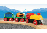 BRIO BO Battery Operated Action Train with moving coal wagon, rotating cement mixer, and illuminating headlights for imaginative play.