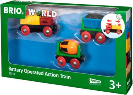 Brightly colored BRIO BO battery-operated train with a moving coal wagon, rotating cement mixer, and illuminating headlights.