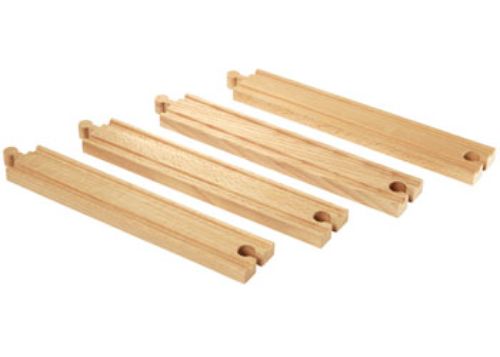 Four durable wooden straight tracks for BRIO train sets, perfect for expanding playtime and enhancing creativity in children.