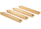 Four durable wooden straight tracks for BRIO train sets, perfect for expanding playtime and enhancing creativity in children.