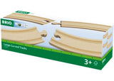 Large curved wooden train tracks set, perfect for enhancing creativity and fine motor skills in young engineers.