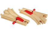 BRIO Tracks Mechanical Switches: two wooden track segments for creating right or left turns in train layouts.