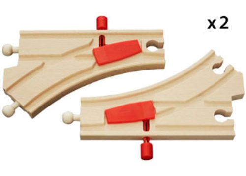 BRIO Tracks Mechanical Switches: two reversible wood segments for right or left turns, enhancing train set play and creativity.