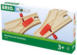 Wooden mechanical switches for BRIO train sets, allowing easy right or left turns for imaginative play.