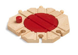 Wooden BRIO mechanical turntable with smooth tracks, designed for hands-on train play and enhancing fine motor skills.