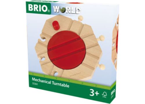 Wooden BRIO mechanical turntable for train sets, featuring smooth tracks and a push-button operation for interactive play.