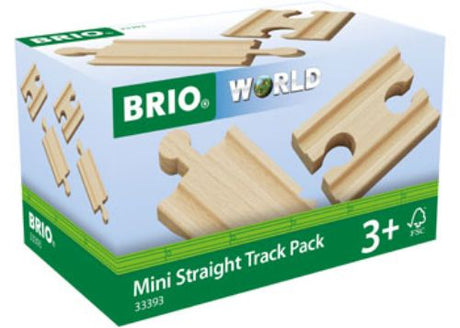 Mini straight track pack for BRIO trains, includes 4 durable wooden tracks for expanding railway adventures and creative play.