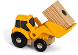 BRIO Vehicle Loader set with bright colors and lift lever for transporting wooden cargo, enhancing play and fine motor skills.