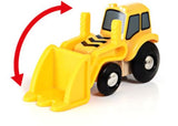 Colorful BRIO Loader vehicle lifting wooden cargo, designed for imaginative play and fine motor skill development.