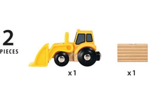 BRIO Loader set with vibrant colors, features a lift lever and wooden cargo for imaginative construction play.