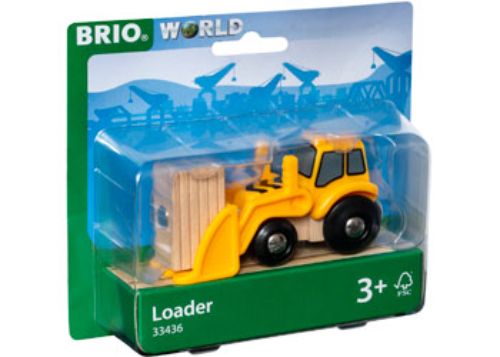 BRIO Vehicle Loader in bright yellow, with a handgrip lever, lifting a wooden cargo for imaginative play in BRIO World.