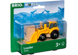 BRIO Vehicle Loader in bright yellow, with a handgrip lever, lifting a wooden cargo for imaginative play in BRIO World.