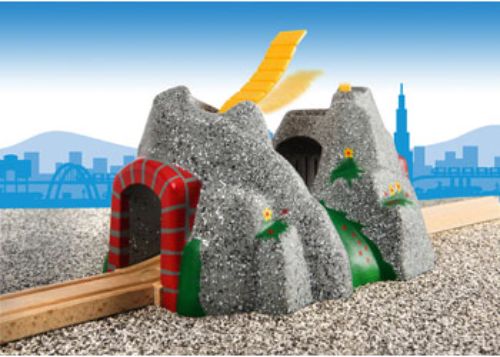 BRIO Adventure Tunnel for wooden trains, features vibrant colors and 4 activating sounds for imaginative play.