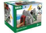 Colorful BRIO Adventure Tunnel for wooden trains, featuring four sounds that activate during imaginative play sessions.