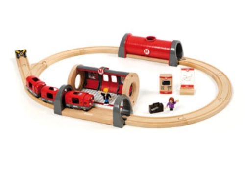 BRIO Metro Railway Set with 20 pieces featuring a functioning station, lights, sounds, and passengers for imaginative play.