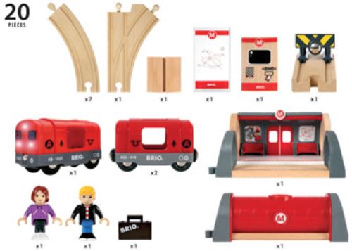 BRIO Set Metro Railway features 20 pieces including a metro station, train, and interactive sounds and lights for imaginative play.