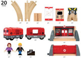 BRIO Set Metro Railway features 20 pieces including a metro station, train, and interactive sounds and lights for imaginative play.