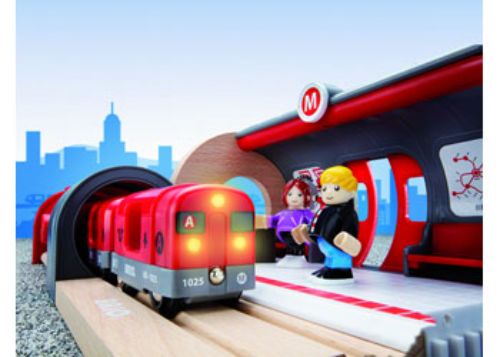 BRIO Metro Railway Set features 20 pieces, including a detailed metro station and a train that lights up and makes sounds.