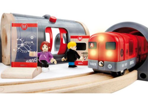 BRIO Metro Railway Set with 20 pieces, featuring a functioning station, vibrant train sounds, and lights for imaginative play.