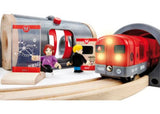 BRIO Metro Railway Set with 20 pieces, featuring a functioning station, vibrant train sounds, and lights for imaginative play.