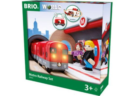 BRIO Metro Railway Set with 20 pieces featuring a functioning metro station, lights, sounds, and passenger play items.