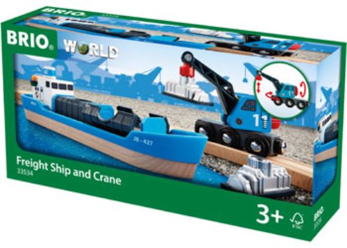 Colorful BRIO Container & Crane Wagon set with 4 pieces for imaginative play, featuring a movable crane for cargo transport.