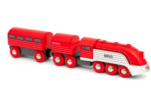 Bright red and silver retro-futuristic BRIO Streamline Train with two wooden wagons and seven durable wheels for imaginative play.