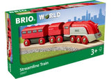 Red and silver BRIO Streamline Train set with two wooden wagons, seven wheels, and magnetic connections for endless play.