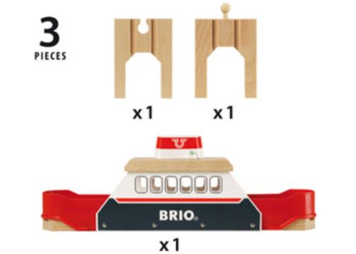 Colorful BRIO Ferry Ship with light and sound features, transporting trains from water to land, enhancing imaginative play.