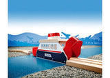 Colorful BRIO Ferry Ship with two docking tracks, lights, and sounds, designed for imaginative train adventures.