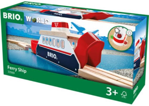 BRIO Ferry Ship set with lights and sounds, perfect for transporting trains from water to land in imaginative play.